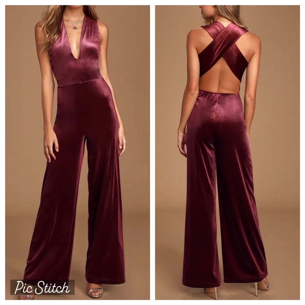 Lulus best of luxe plum velvet jumpsuit